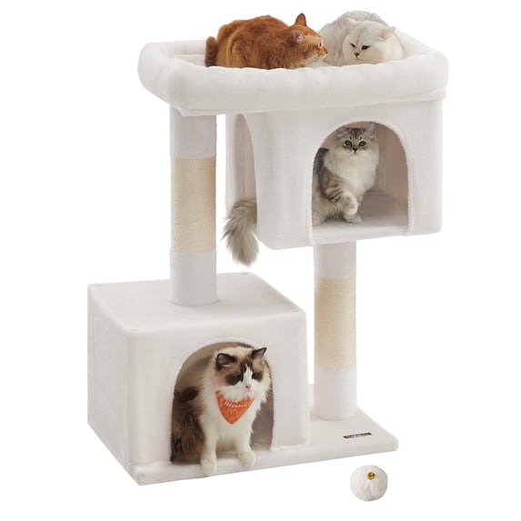 Cat Tree 39.8-Inch Cat Tower for Extra Large Cats up to 44 lb, Cat Condo with Large Perch, 2 Cat Caves, Scratching Post, White