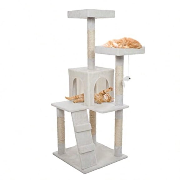 Cat Tree - 4-Tier Cat Tower for Indoor Cats with Perches Kitty Condo 5 Cat Scratching Posts Hanging Toy and 2-Step Ladder by White