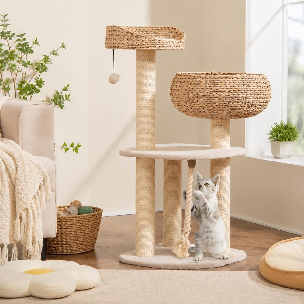 Cat Tree, 41 Inch White Rattan with High-Rise Basket Bed, Napping Perch ...