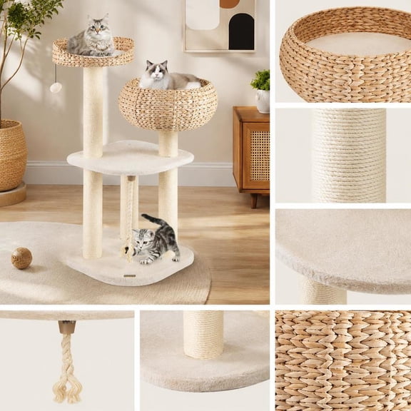 Cat Tree, 41 Inch White Rattan with High-Rise Basket Bed, Napping Perch, Sisal Scratching Posts and Hanging Play Rope