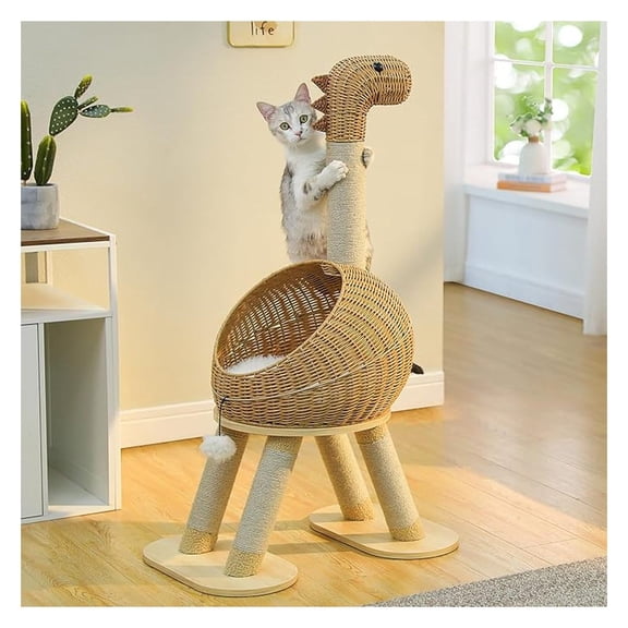 Cat Tree 46", Dinosaur Cat Tower with Scratching Post, Rattan Cat House, Large Wicker Cat Bed, Removable Mat - Modern Feline Furniture