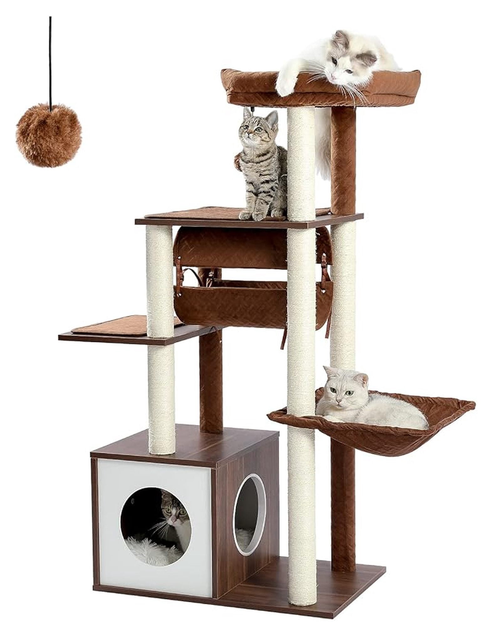 Cat Tree 51.4 Inch Modern Wooden Cat Tower, 6 Levels with Sisal Scratching Posts, Condo, Perch, Hammock & Tunnel - Brown