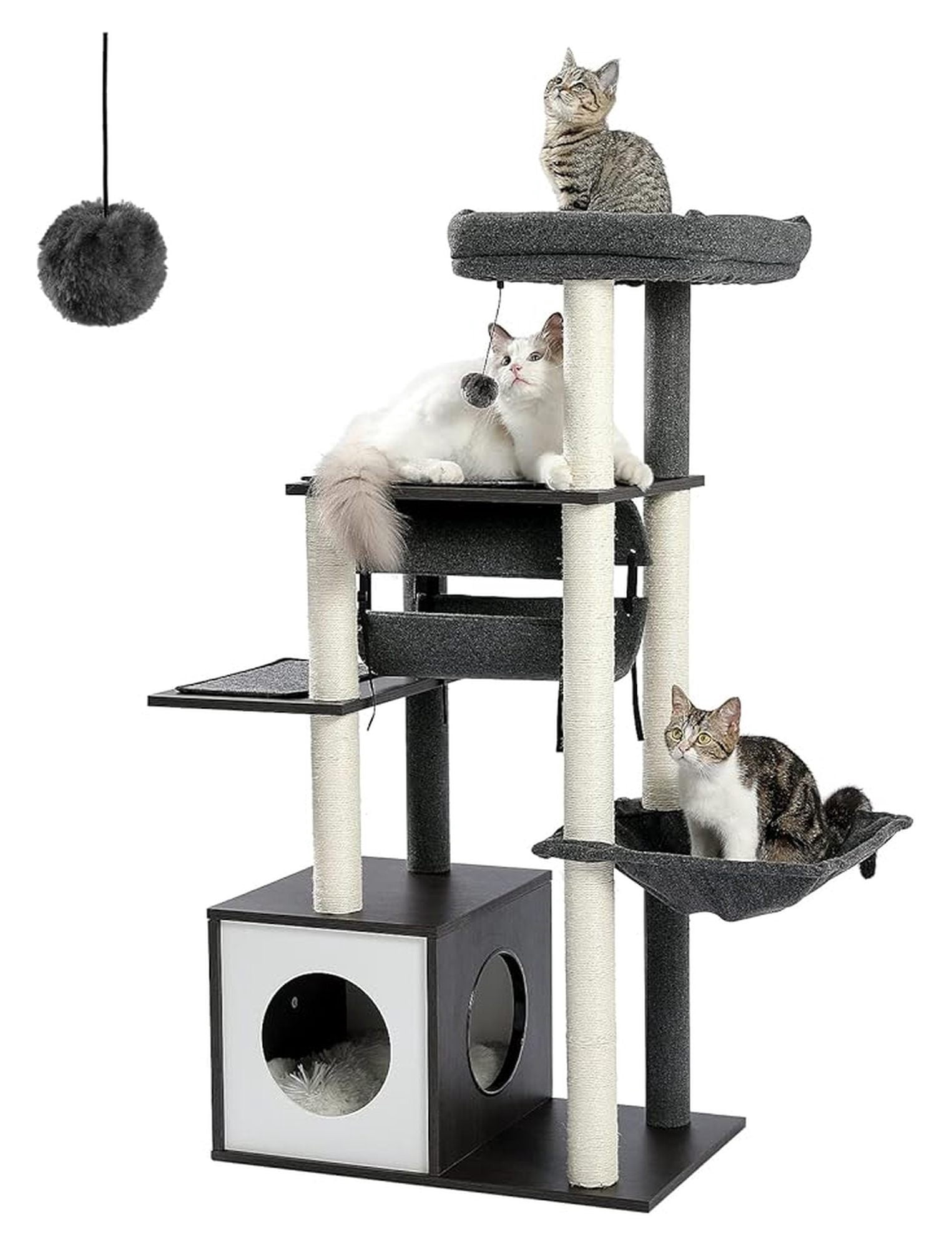 Cat Tree 51.4 Inches Modern Wooden Cat Tower, 6 Levels with Sisal Scratching Posts, Condo, Perch, Hammock & Tunnel - Gray Indoor Cats