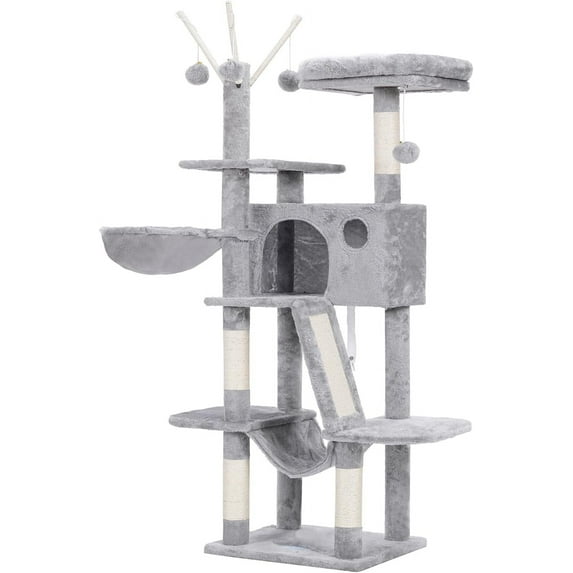 Cat Tree, 53 inch Cat Tower for Indoor Cats, Cat House with Padded Platform Bed, Toy Balls, Large Cozy Condo, Hammocks and Sisal Scratching Posts, Light Gray MPJ019-SW