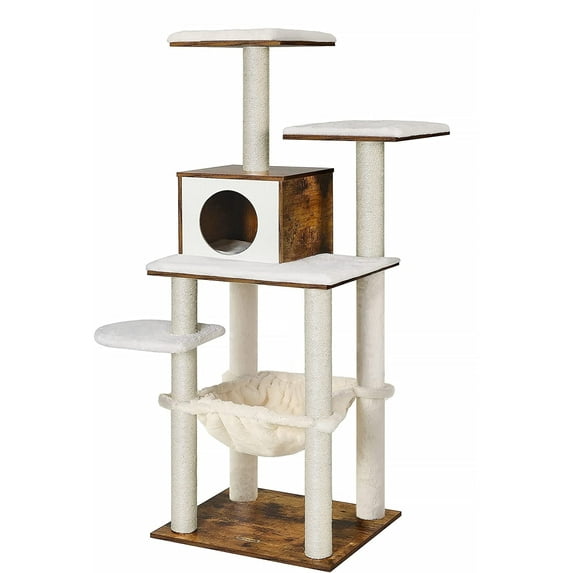 Feandrea Cat Tree, 54.3-Inch Cat Tower with Scratching Posts, Hammock, Cat Cave, Padded Perches, Wooden Cat Condo, Brown
