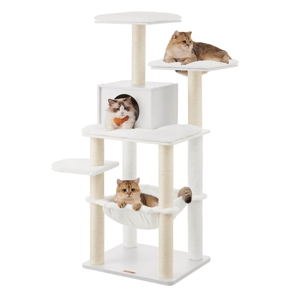 Cat Tree, 54.3-Inch Cat Tower with Scratching Posts, Hammock, Cat Cave, Padded Perches, Wooden Cat Condo, Cloud White
