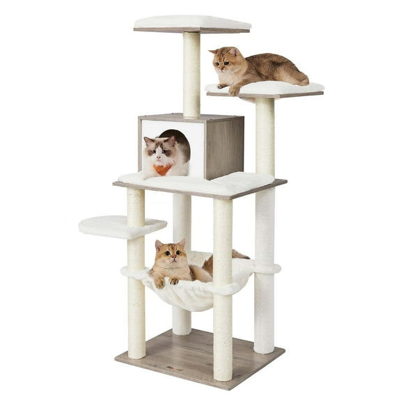 Cat Tree, 54.3-Inch Cat Tower with Scratching Posts, Hammock, Cat Cave, Padded Perches, Wooden Cat Condo, Heather Greige