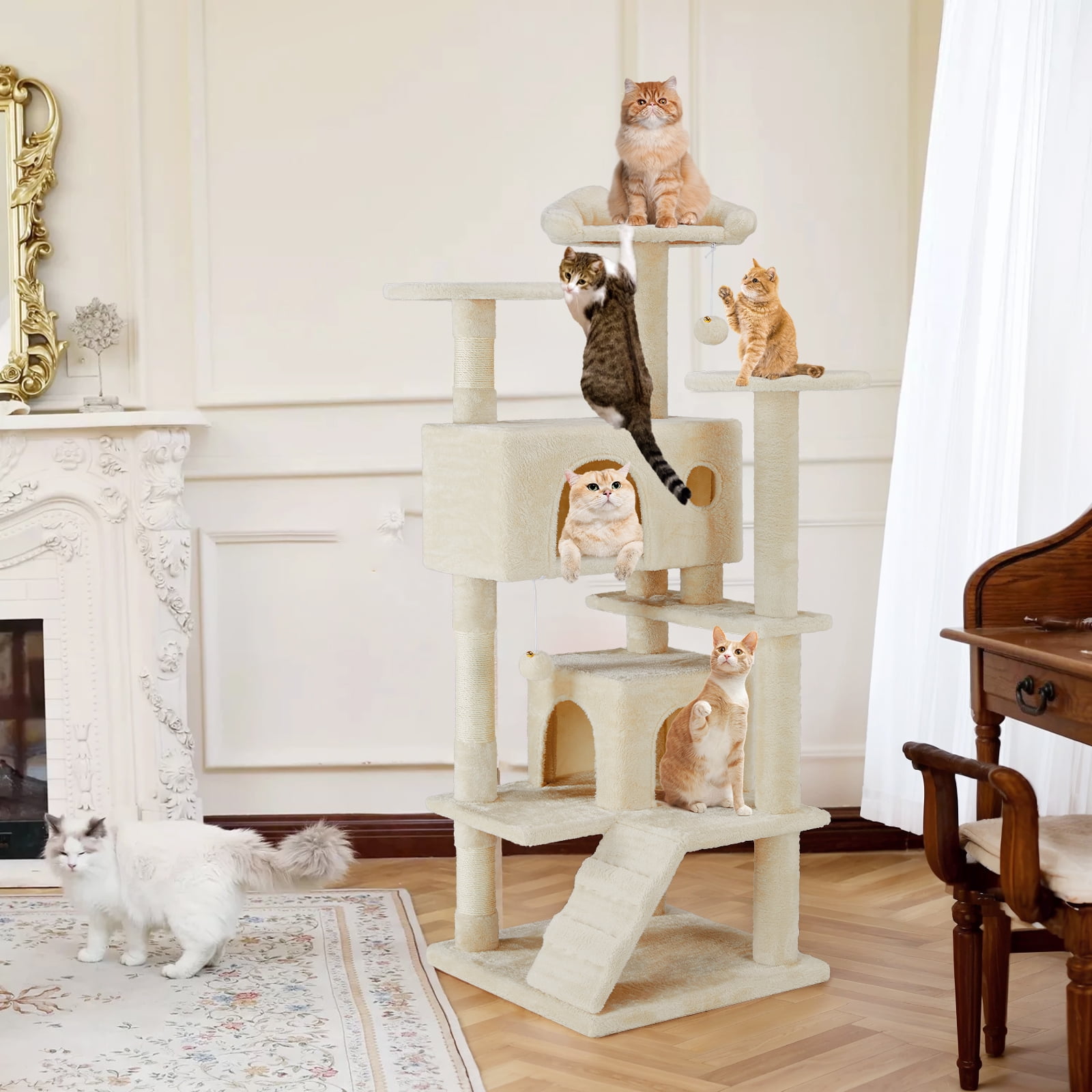 Beige 54-Inch Multi-Level Cat Tree with Sisal Scratching Post