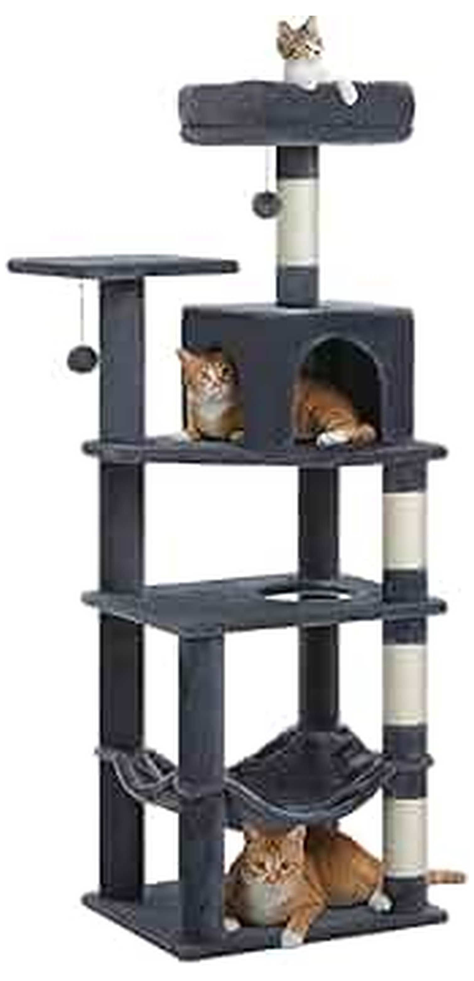 Cat Tree 56.3'' Multi-Level Tower, 2 Top Perch Cat Condo with Scratching Posts, Smoky Grey