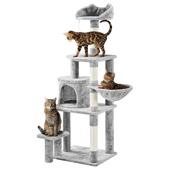 Cat Tree 57in, Multi Level Cat Tower with Basket, Condo, Scratching Posts, Perch & Platform - Gray Cat Furniture