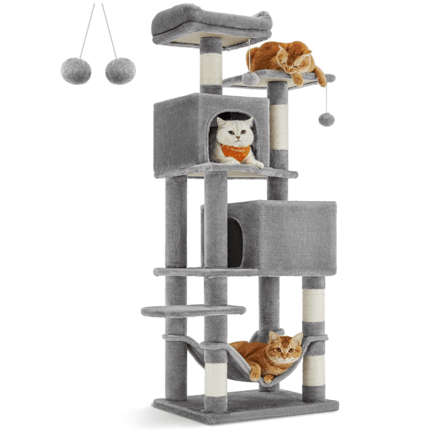 Cat Tree, 59.5-Inch Tall Cat Tower, Plush Multi-Level Condo with 5 Scratching Posts, 2 Perches, 2 Caves, Hammock, 2 Pompoms, Light Gray