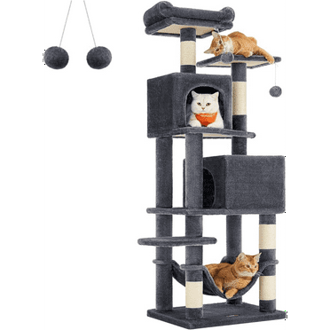 61" Smoky Gray Cat Tree, Plush Multi-Level Condo, 5 Scratching Posts, 2 Perches/Caves