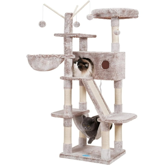 Cat Tree, 61 inch Cat Tower for Indoor Cats, Cat House with Padded Platform Bed, Toy Balls, Large Cozy Condo, Hammocks and Sisal Scratching Posts,Muchroom