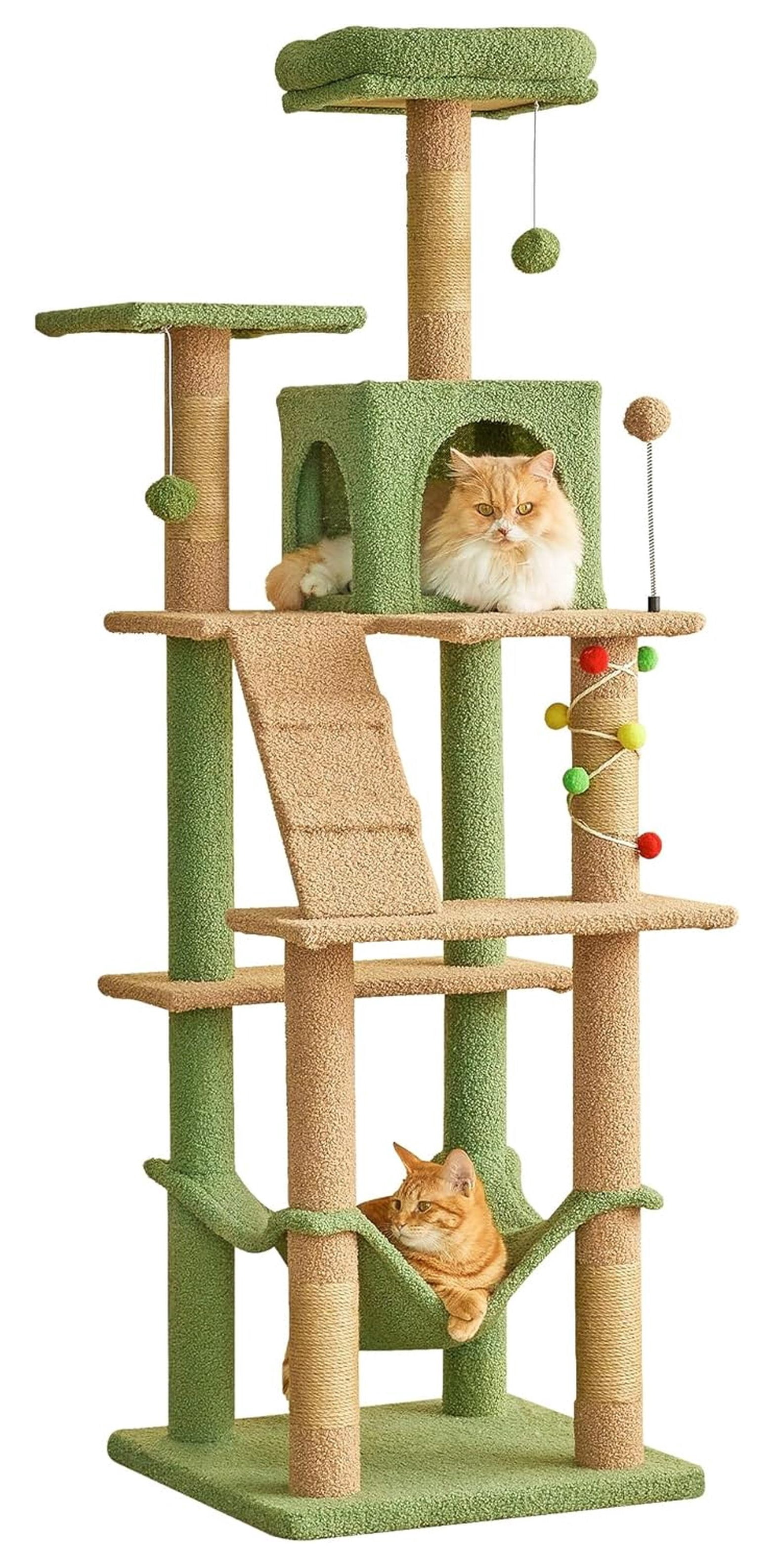 Cat Tree 63.8 Inches Green, Multi-Level Cat Tower with Scratching Posts, Hammock & Toys