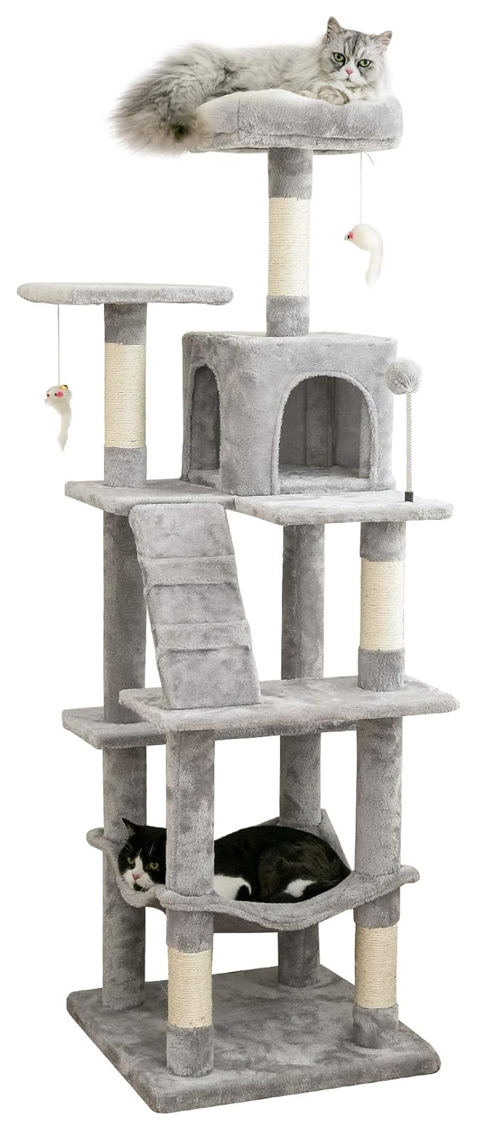 Cat Tree 63.8 inches, Multi-Level Cat Tower for Large Cats, Sisal Scratching Posts, Condo & Hammock, Stable Pet Play House - Light Gray