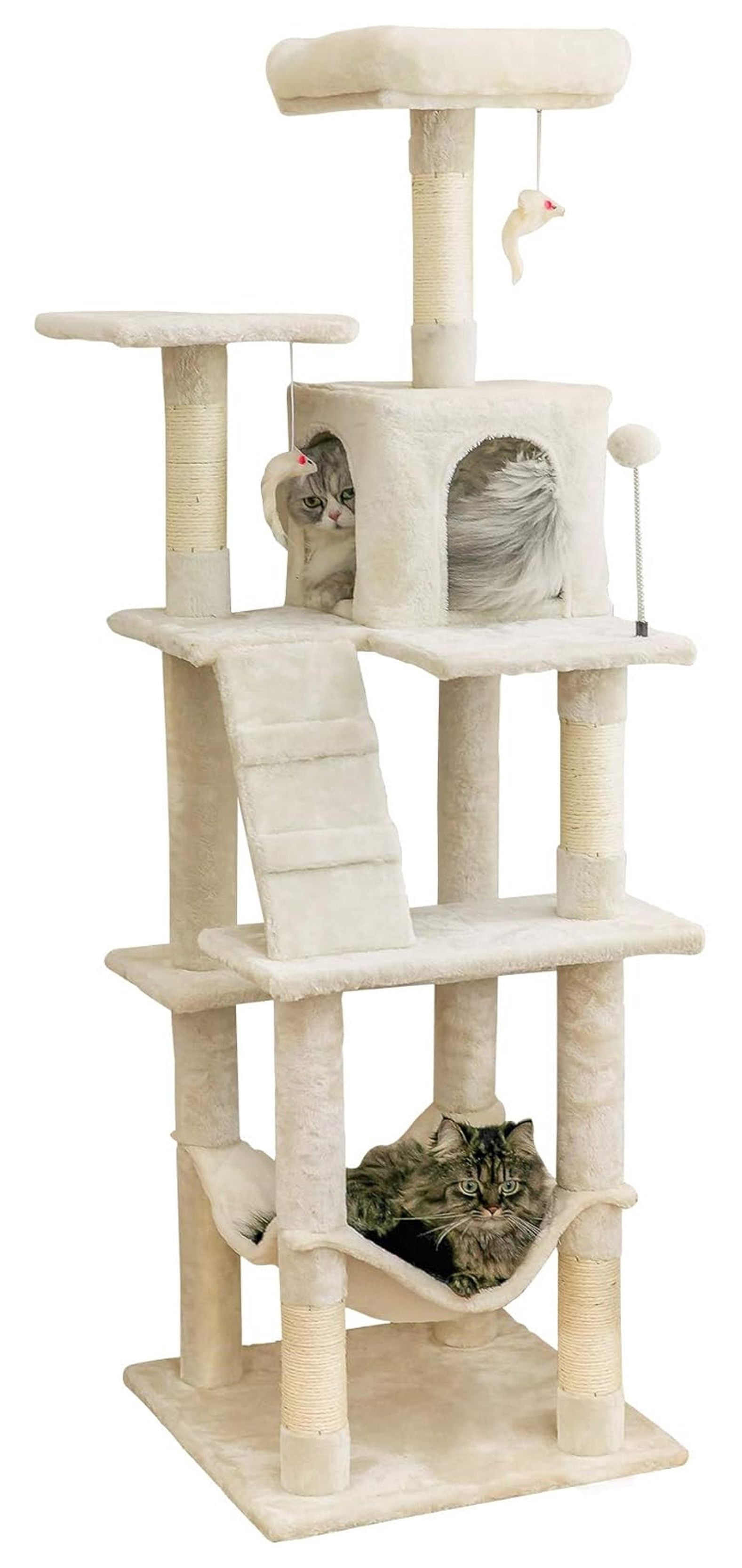 Cat Tree 63.8 inches, Multi-Level Tower for Large Cats, Sisal Scratching Posts, Hammock & Condo, Stable Pet Play House - Beige