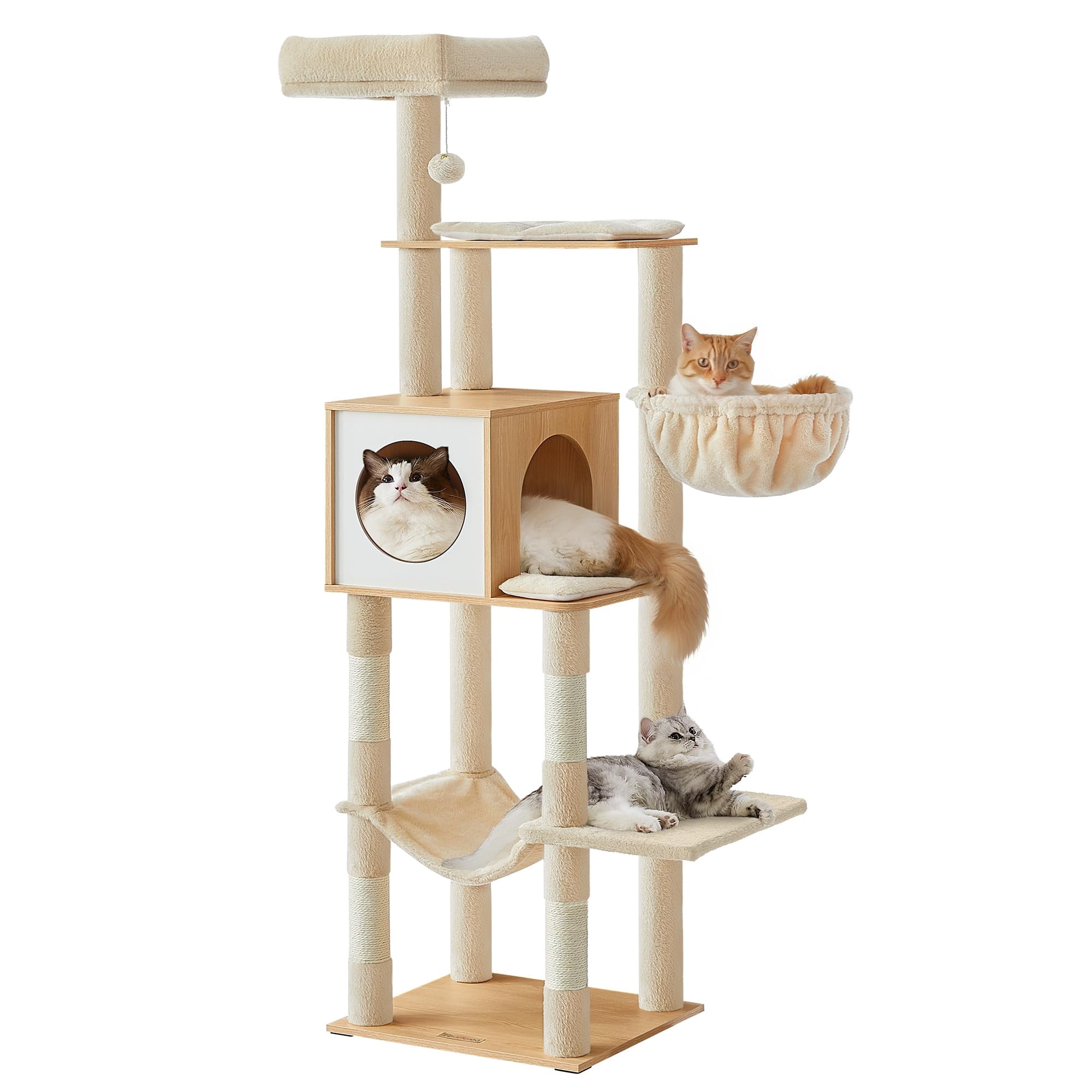 Cat Tree  65-inch Tall Tower Multi-level Condo With Cave Basket Hammock Pompom Posts Almond Yellow Upct118y01