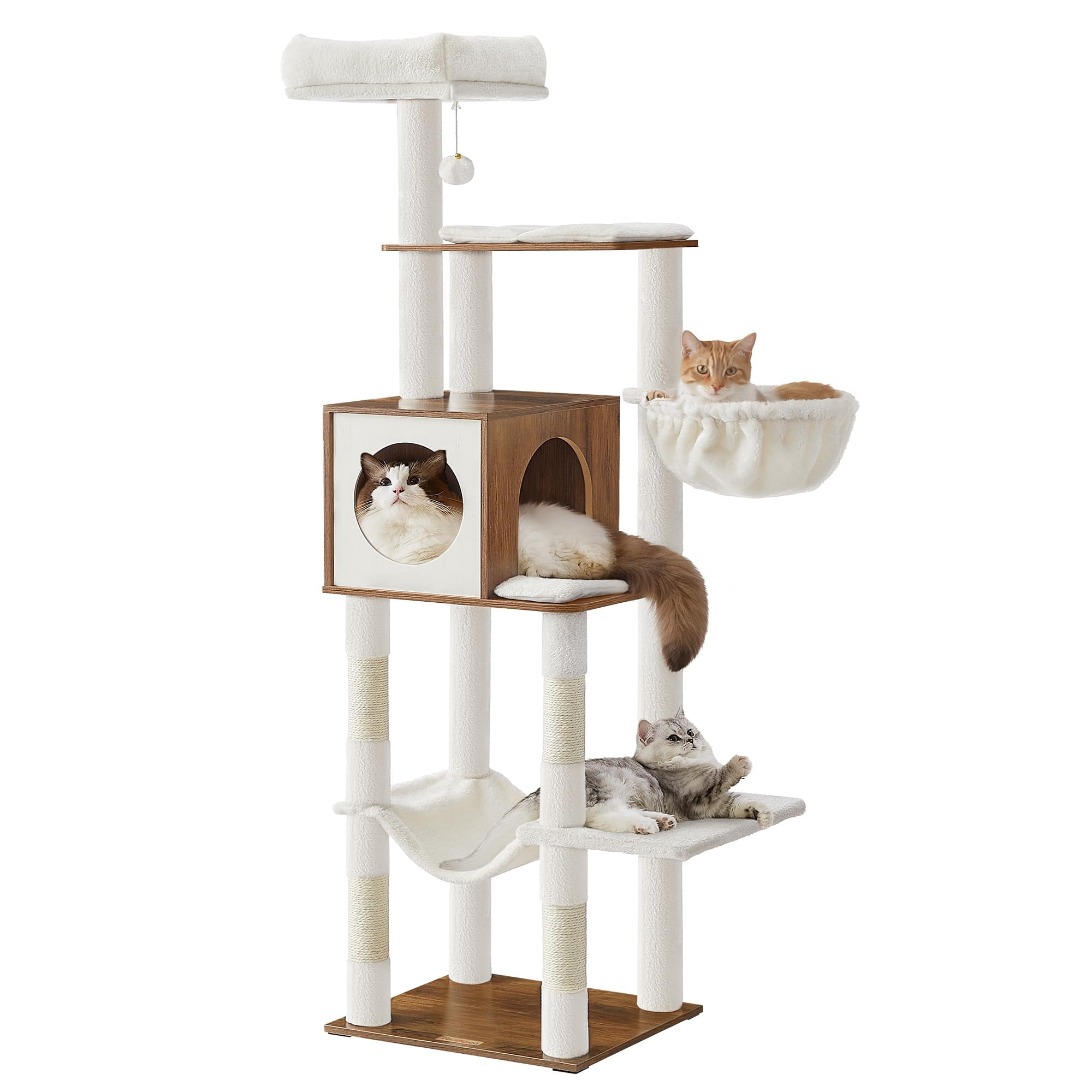 Cat Tree  65-inch Tall Tower Multi-level Condo With Cave Basket Hammock Pompom Posts Honey Brown Upct118k03