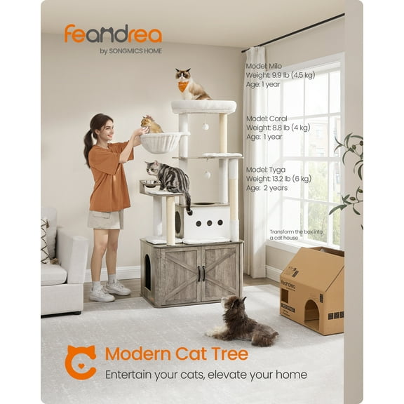 Cat Tree, 66.9-Inch Cat Tower with Litter Box Enclosure, Large Cat Condo with Scratching Posts, Food Station, Hammock, Washable Cushions, Heather Greige