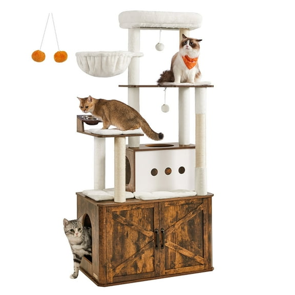 Cat Tree, 66.9-Inch Cat Tower with Litter Box Enclosure, Large Cat Condo with Scratching Posts, Food Station, Hammock, Washable Cushions, Rustic Brown