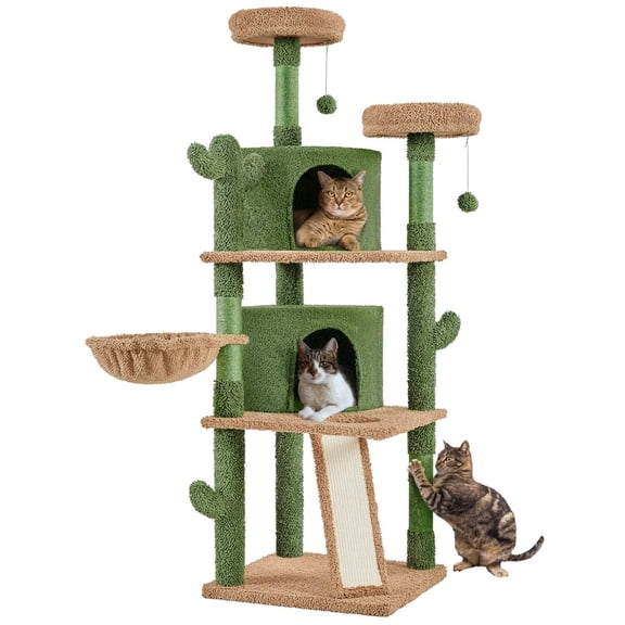 Cat Tree, 66in Cat Tower for Indoor Cats, Multi-Level Cat Tree with Large Condos & Ramp, Pet Play House with Padded Perch, Platforms, Basket & Hanging Ball, Green/Brown