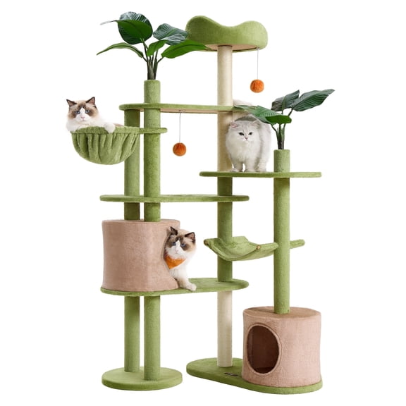 Cat Tree, 68.1-Inch Tall Cat Tower, Multi-Level Plush Cat Condo with Scratching Posts, Artificial Leaves for Indoor Cats, Green