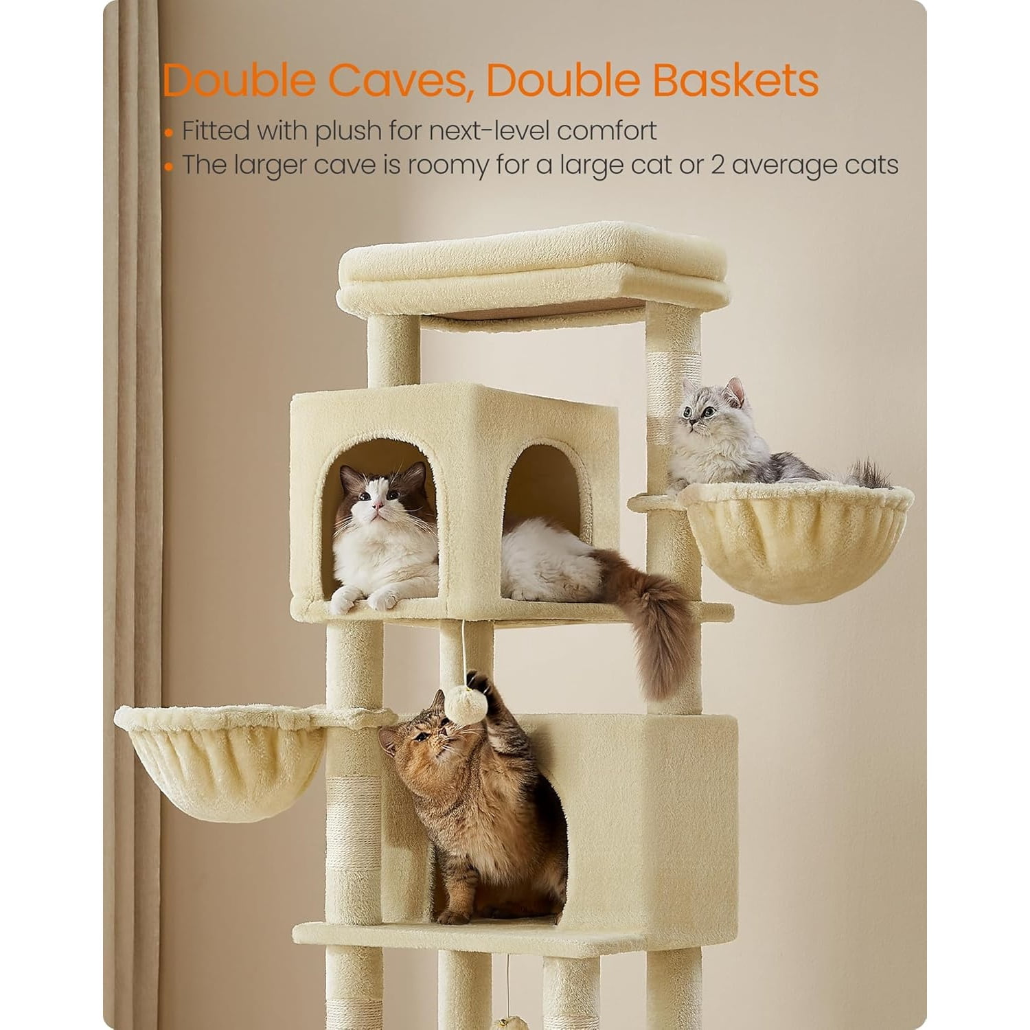 Cat Tree, 69-Inch Tall Cat Tower, Multi-Level Plush Condo with 2 Caves, 2 Baskets, 5 Scratching Posts, Self-Groomer, Perch, Hammock, Sand Beige