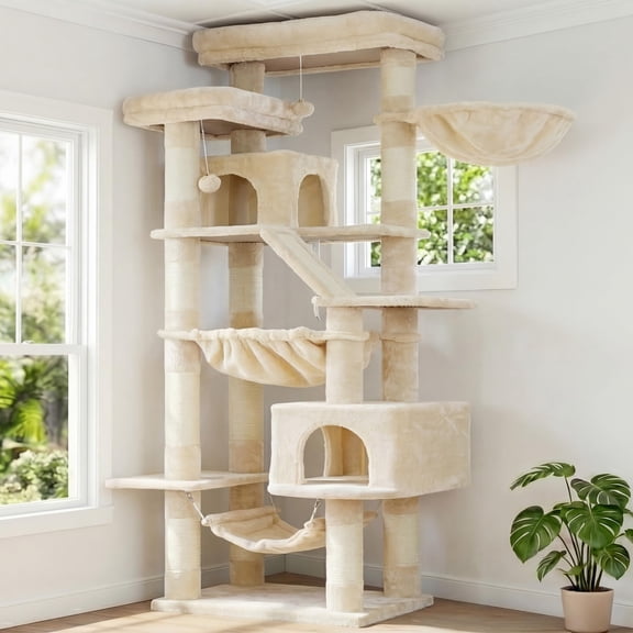 Cat Tree 71-inch-tall Tower For Indoor Cats With 2 Perches 2 Big Condos 2 Hammocks Basket Pad Large Furniture And Condo Beige Hct034m