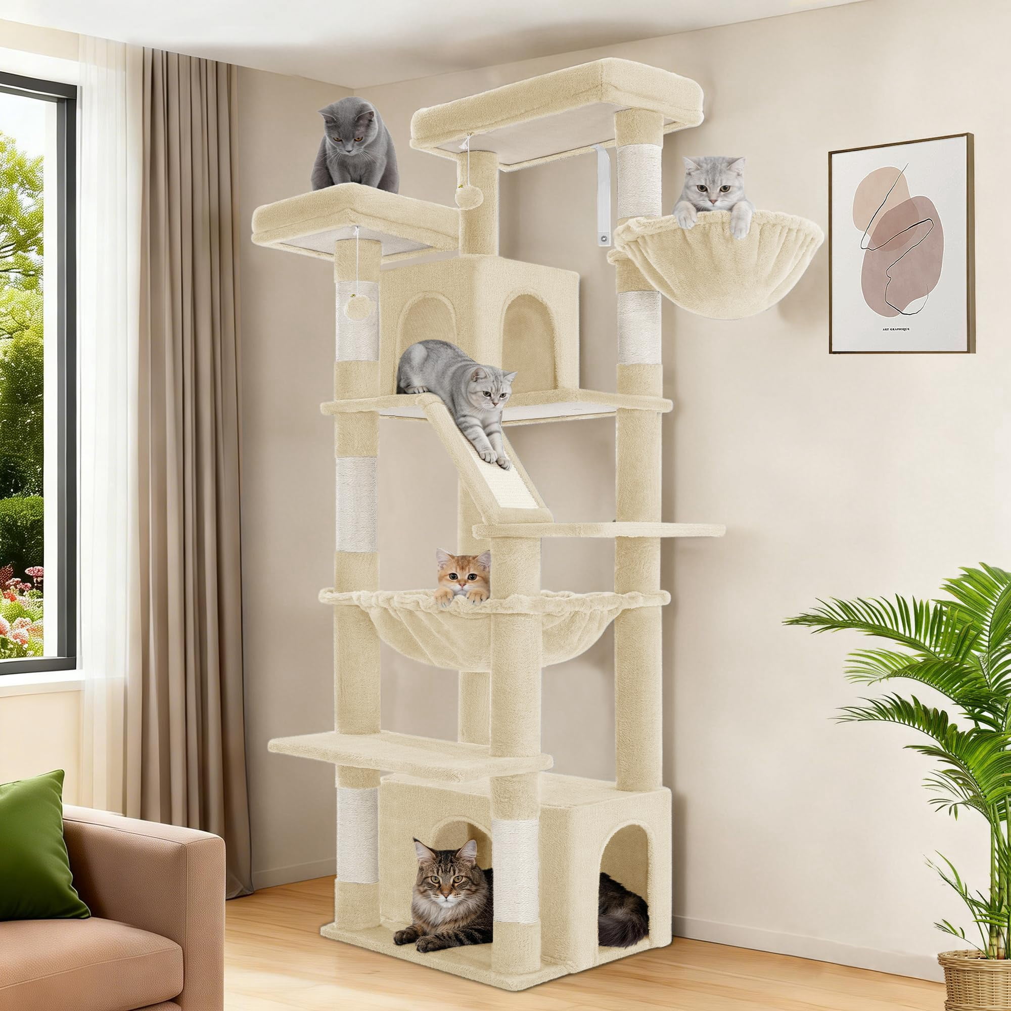 Cat Tree, 72 Inch Tall Beige Indoor Tower for Multiple Cats with Climbing, Condo, Scratching Posts
