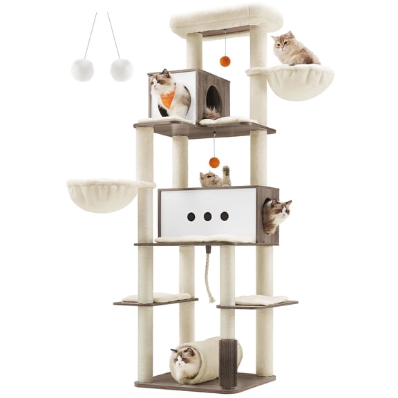 Cat Tree, 77.5-Inch Tall Modern Cat Tower for Large Indoor Cats, Multi-Level Cat Condo with Scratching Posts, 2 Caves, 2 Hammocks, Heather Greige