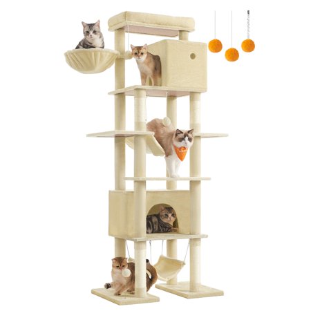 Cat Tree, 79.1 Inch Tall Cat Tower for Indoor Cats, Multi-Level Large Cat Condo with 4 Scratching Posts, 2 Hammocks, a Perch, 2 Cat Caves, Anti-Tip Kit, Beige