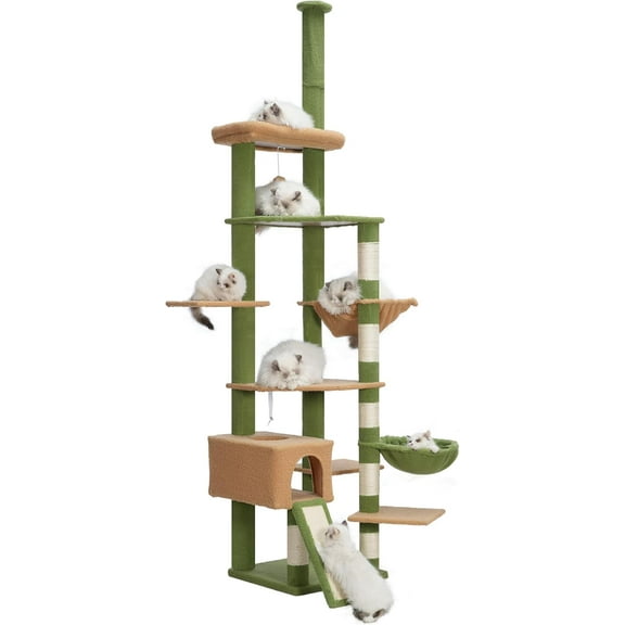 Cat Tree 92.5-104.3 Inches with Hammock, Floor to Ceiling Cactus Cat Condo,Tall Cat Climbing Tower Adjustable with Scratching Posts for Indoor Cats Green Yellow