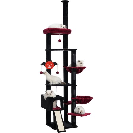 Cat Tree 92.5-104.3 Inches with Hammock, Floor to Ceiling Gothic Halloween Cat Condo,Tall Cat Climbing Tower Adjustable with Scratching Posts for Indoor Cats Black Red