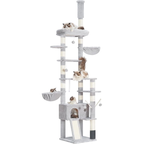 Cat Tree, 98.4-110.2 Inches Floor to Ceiling Cat Tree-Adjustable Height, Tall Cat Climbing Tower for Cats Large Adult with Scratching Post, Cat cando, Light Gray
