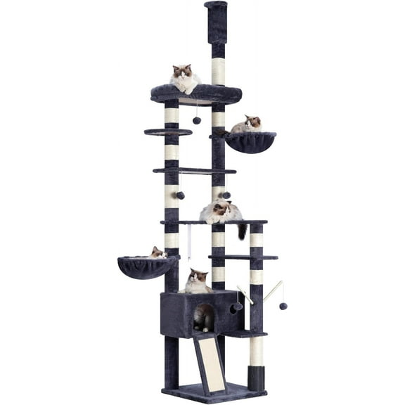 Cat Tree, 98.4-110.2 Inches Floor to Ceiling Cat Tree-Adjustable Height, Tall Cat Climbing Tower for Cats Large Adult with Scratching Post, Cat cando, Smoky Gray