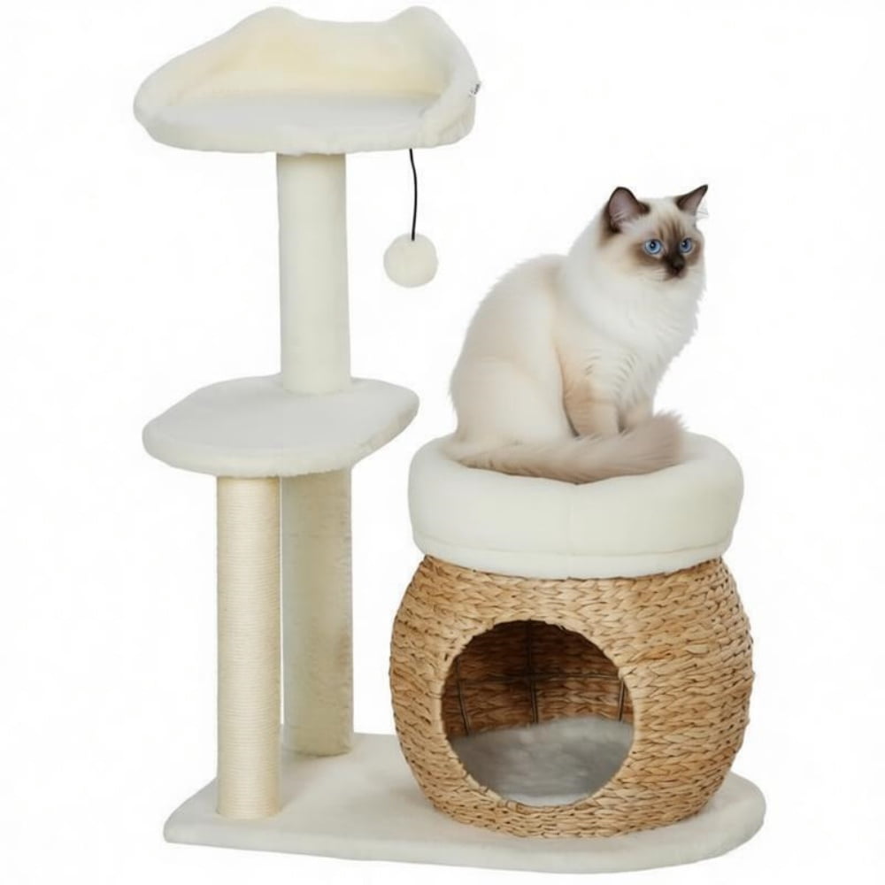 Cat Tree Activity Play Center, Cream White Cat Tower with Scratching Posts, Platform, Toy Ball, Cat Condo and 2 Beds, Soft Bunny Velvet Cat Furniture for 1-2 Cats Up to 11 lbs