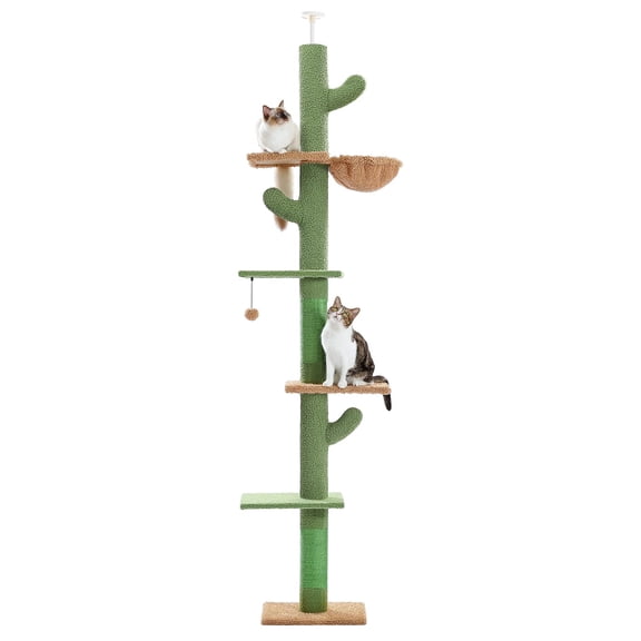 Cat Tree, Adjustable Height Cactus Floor to Ceiling Cat Tower for Indoor Cats, 5 - Level Climbing Tower with Cozy Hammock, Platforms and Dangling Balls, Green