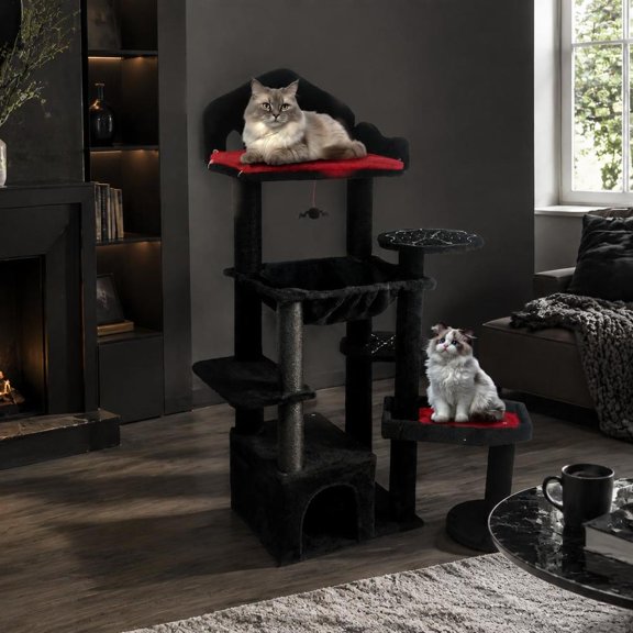 Cat Tree, Black Gothic Multi-Level Cat Tower with Coffin Bed, Scratching Posts and Cat Cave, 58in, for Indoor Cats