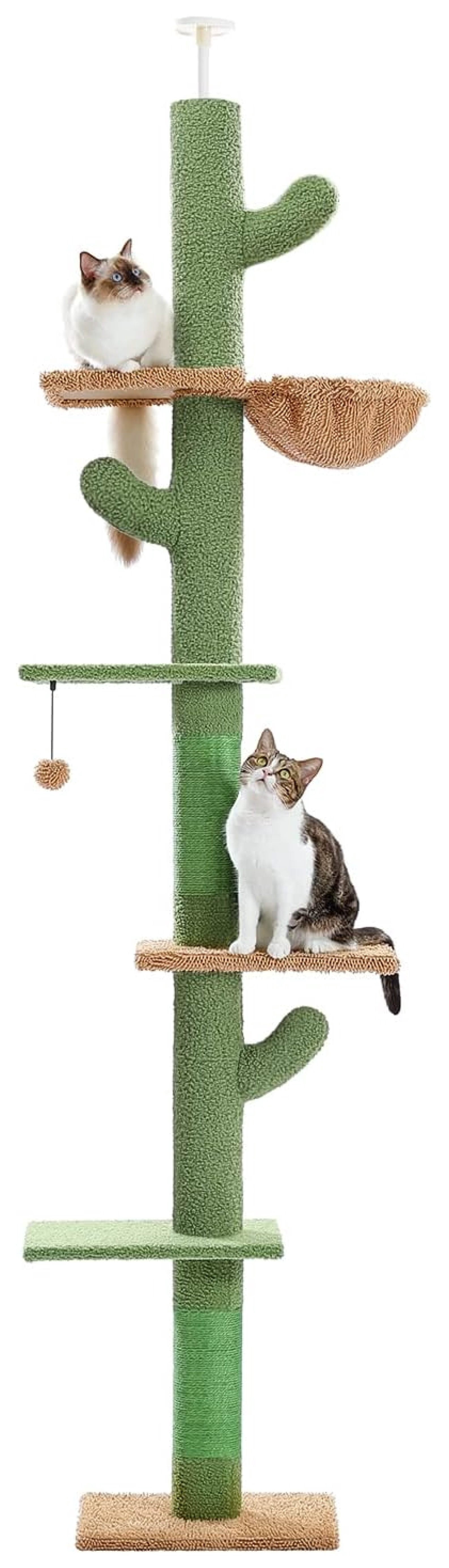 Cat Tree Cactus, 95-108 Inch Adjustable Floor to Ceiling Cat Tower, 5 Level Cat Climbing Post with Hammock & Dangling Balls for Indoor Cats