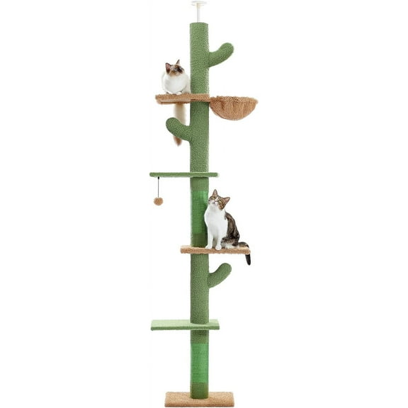 Cat Tree, Cactus Floor to Ceiling Cat Tower with Adjustable Height(95-108 Inches), 5 Level Cat Climbing Tower with Cozy Hammock, Platforms and Dangling Balls for Indoor Cats