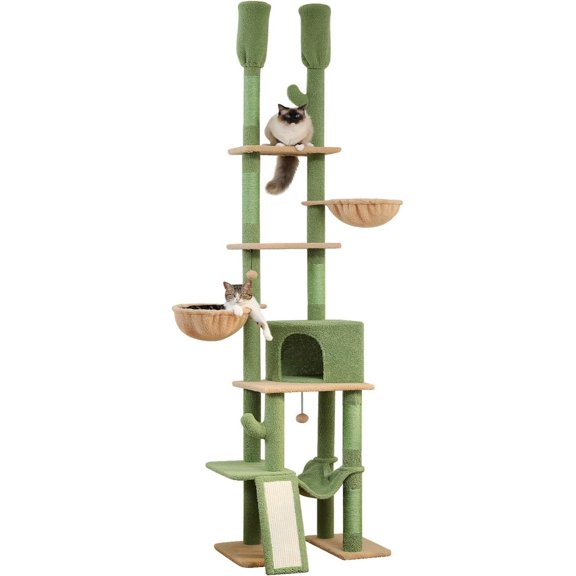 Cat Tree, Cactus-Shaped Floor-Standing Cat Tower, Adjustable Height (95-108inch), 5-Tier Cat Climbing Frame with Comfortable Hammock, Platforms, and Hanging Balls, Suitable for Indoor Cats: Pet Suppl