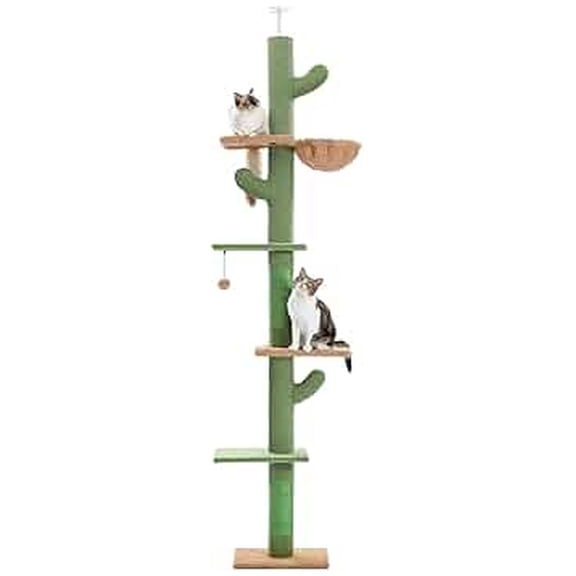Cat Tree Cactus Tower, 95-108 Inch Adjustable Floor to Ceiling Cat Climbing Tower, 5 Level Cat Tree with Hammock & Scratching Posts for Indoor Cats