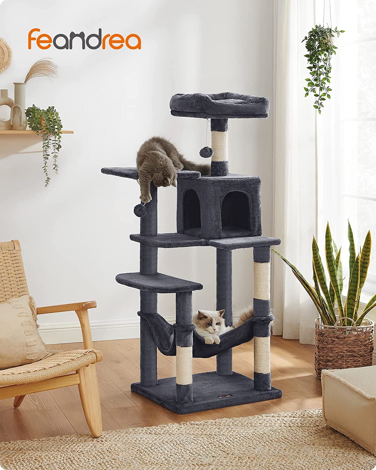 Smoky Gray Multi-Level Sisal Cat Tree Tower with Hammock