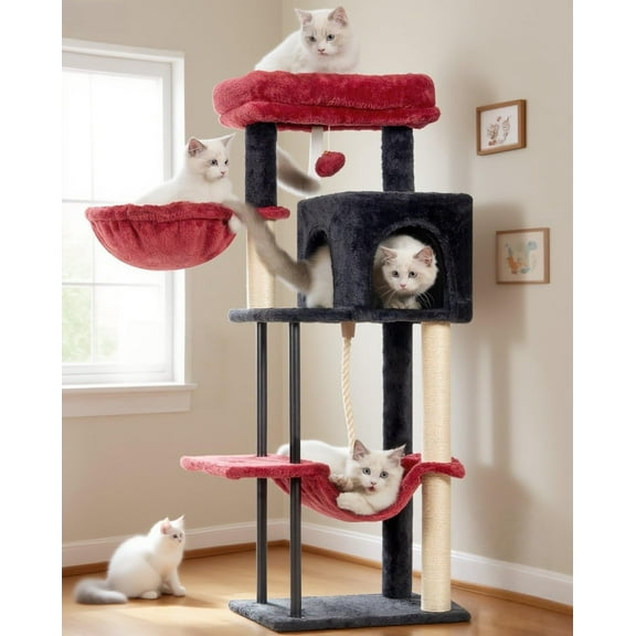 Cat Tree, Cat Tower for Indoor Cats, 43.3 inch Gothic Cat Tree Tower with Sturdy Steel Tube, Hammock, Cat Condo for Small Cats and Kittens, Scratching Post, Black and red GCT004SBR