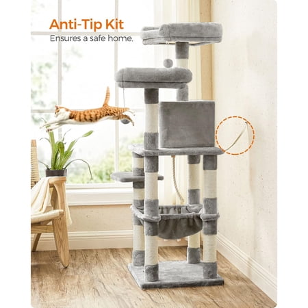Cat Tree, Cat Tower for Indoor Cats, 56.3-Inch Cat Condo with Scratching Posts, Hammock, Plush Perch, Light Gray
