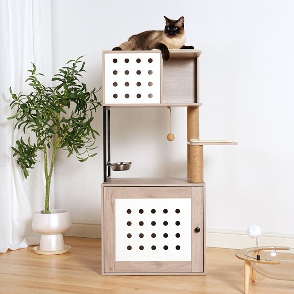 Cat Tree Cat Tree with Litter Box Enclosure, All-in-one Cat Tower for Indoor Cats with Large Hammock, Bed, Food Station, Scratching Posts, Modern Style Pet Furniture, Gray+white,Cat Condo