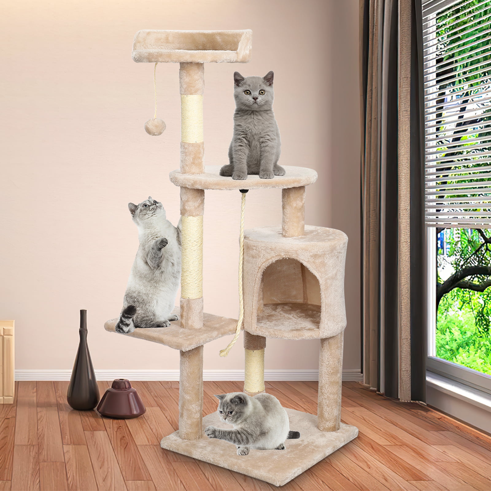 Cat Tree Climbing Tower with Condo and Scratching Post Tower ,Beige