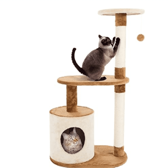 Cat Tree Condo 3 Tier with Condo and Scratching Posts, 37.5", Brown and Tan