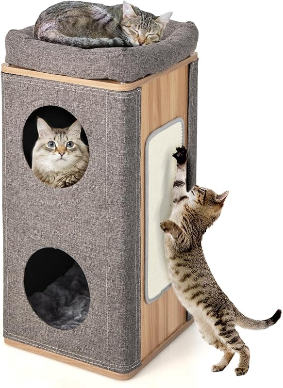 Cat Tree Condo, Wooden Cat House with Scratching Board, 2 Hideaways ...