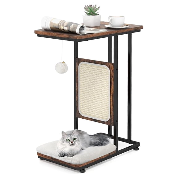Cat Tree End Table, Small Cat Side Table with Scratching Post, Washable Cushion & Ball, Modern Cat Furniture for Living Room, 20"x12"x25"